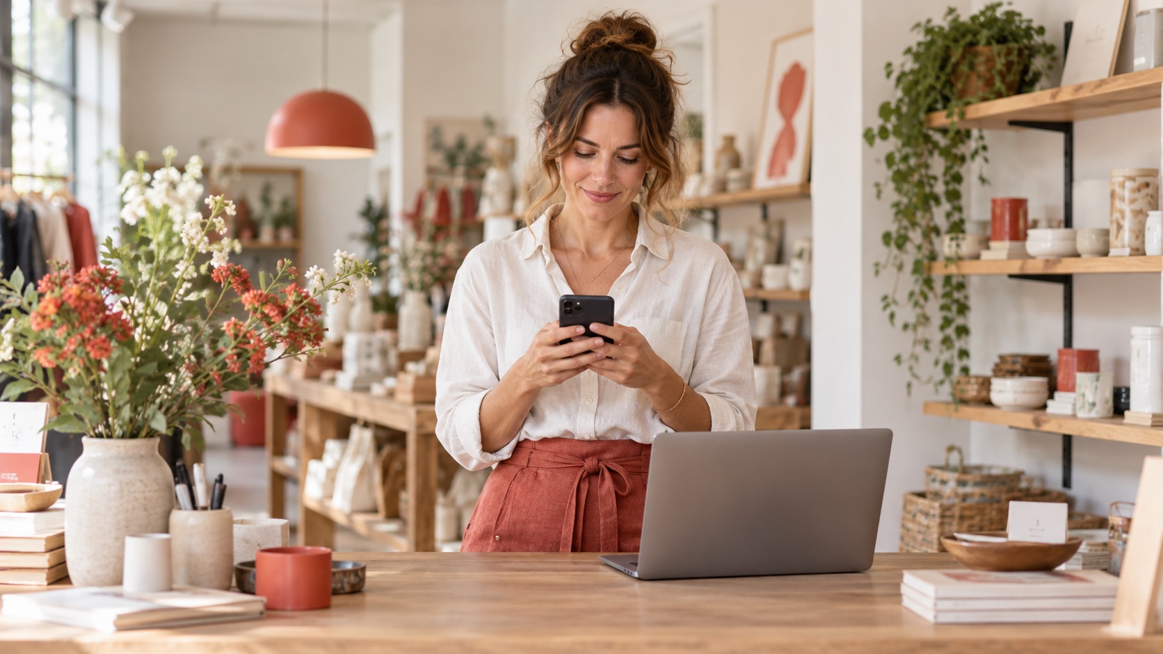 Unternehmerin liest eine Nachricht auf ihrem Smartphone.