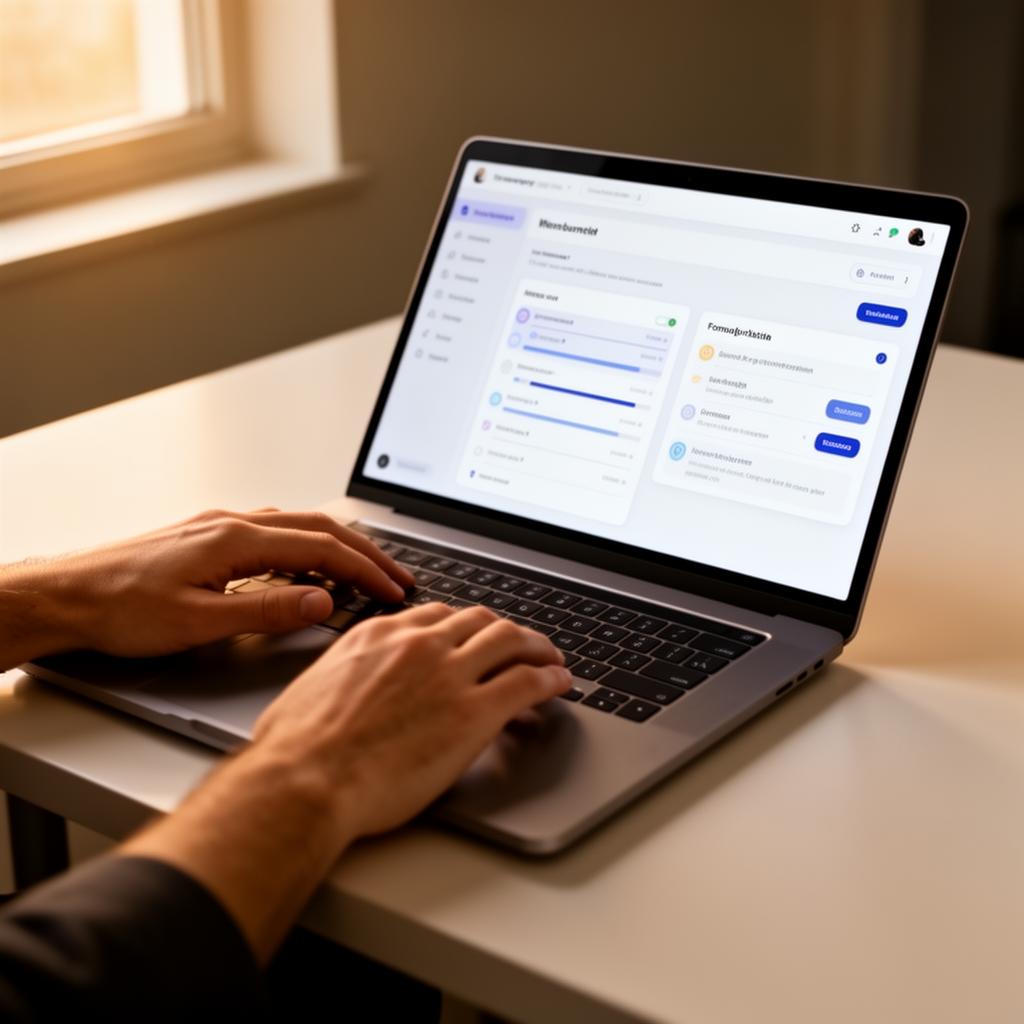 Hände am Laptop mit moderner Workflow- und Automatisierungs-Oberfläche