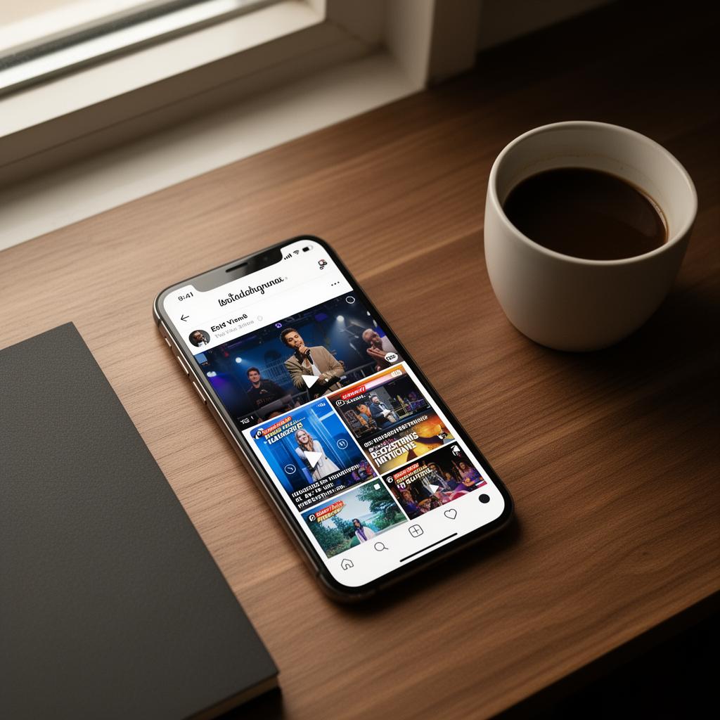 Smartphone mit Social Media Video-Feed auf einem warmen Holz-Schreibtisch