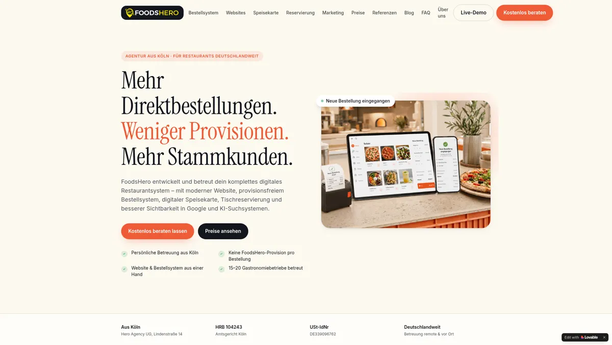 Startseite von FoodsHero mit Online-Bestellsystem und digitaler Speisekarte für Restaurants