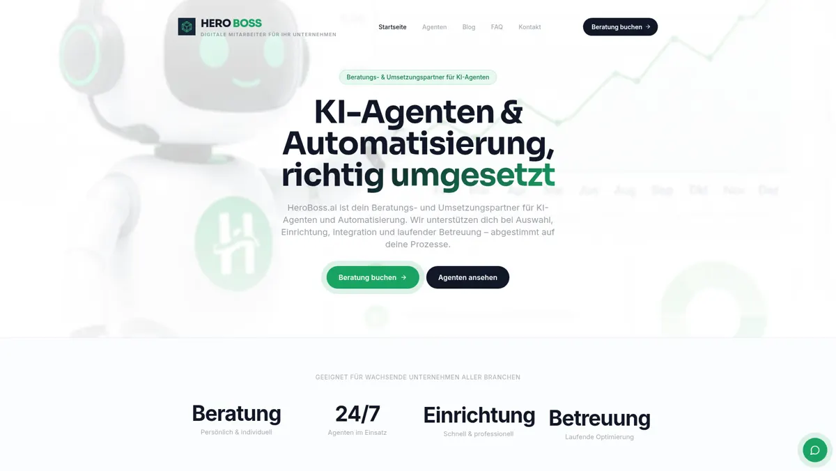 Startseite von HeroBoss.ai mit Übersicht über KI-Agenten und Automatisierungsleistungen