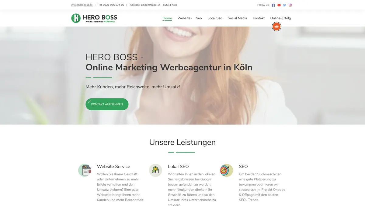 Startseite von HeroBoss, der Werbe- und SEO-Agentur aus Köln mit Leistungsübersicht