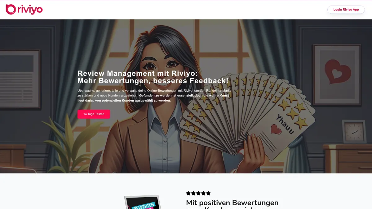 Startseite von Riviyo, der Software für Review-Management und Google-Bewertungen